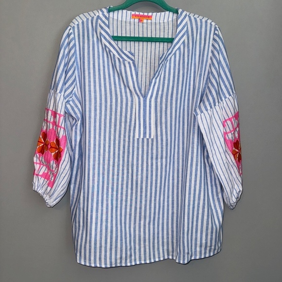 EUC Vilagallo Kaya Striped Embroidered Blouse Blue White Size 50 2XL - Picture 2 of 8